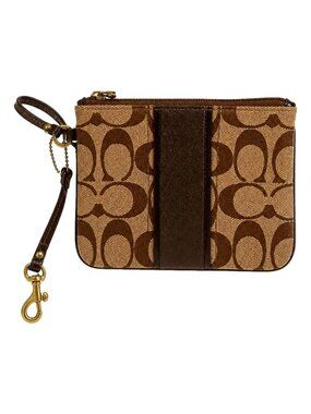 Coach Signature Stripe LogoWristlet Khaki Mahogany Brown Canvas Leather
